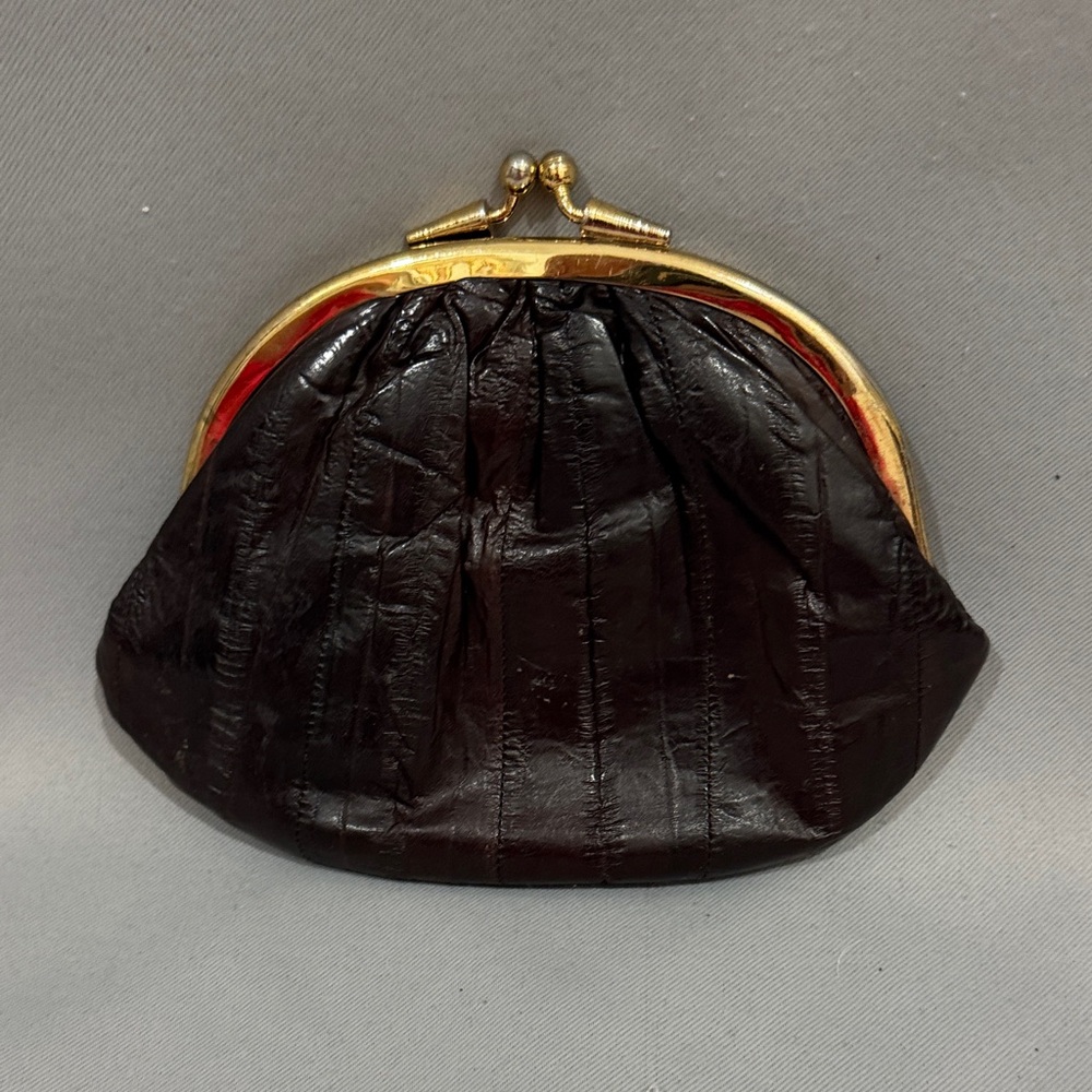 Vintage Elegant Black Eel Skin Double Kiss-Lock Clutch